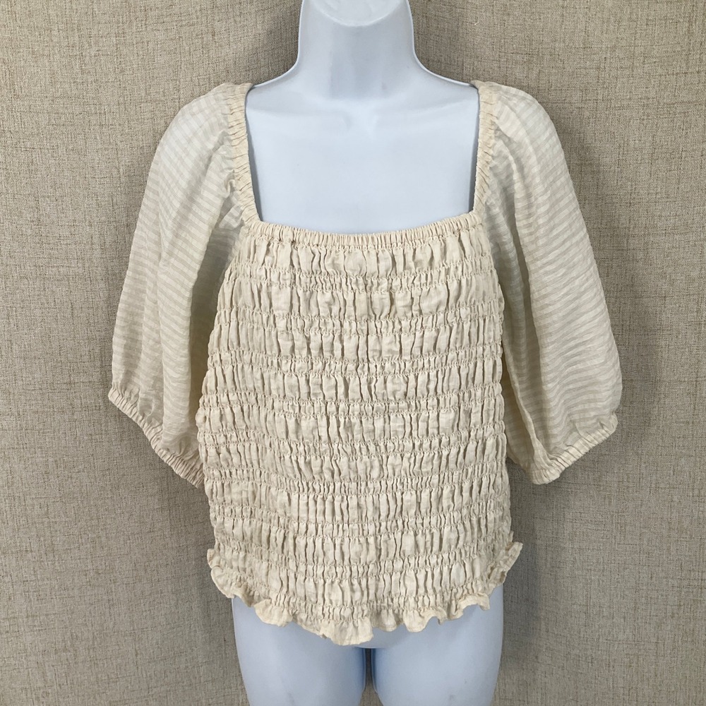 Old Navy Smocked Top Womens Large Beige Puff Sleeve Boho Square Neck Ruffle Hem